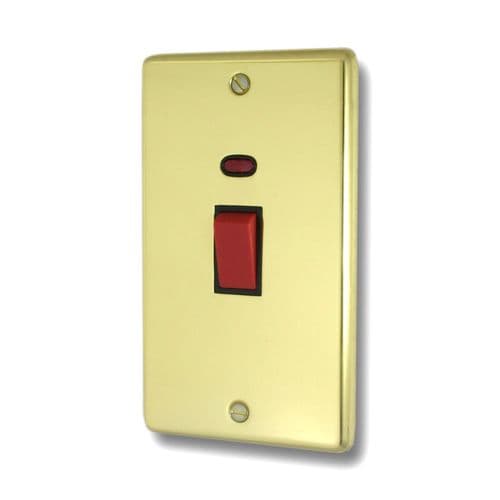 G&H CBUL28B Standard Plate Unlacquered Polished Brass 45 Amp DP Cooker Switch & Neon Vertical Plate
