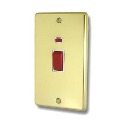 G&H CBUL28W Standard Plate Unlacquered Polished Brass 45 Amp DP Cooker Switch & Neon Vertical Plate