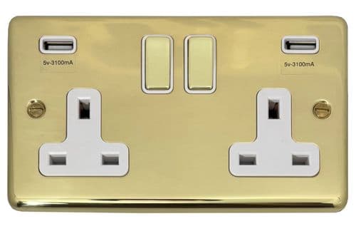 G&H CBUL2910 Standard Plate Unlacquered Polished Brass 2 Gang Double 13A Plug Socket 2.1A USB