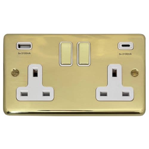 G&H CBUL2911 Standard Plate Unlacquered Polished Brass 2 Gang Double 13A Plug Socket 3.1A USB A + C