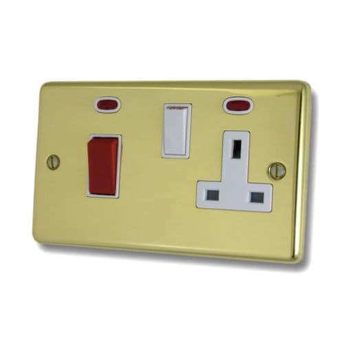 G&H CBUL29W Standard Plate Unlacquered Polished Brass 45 Amp DP Cooker Switch & 13A Switched Socket