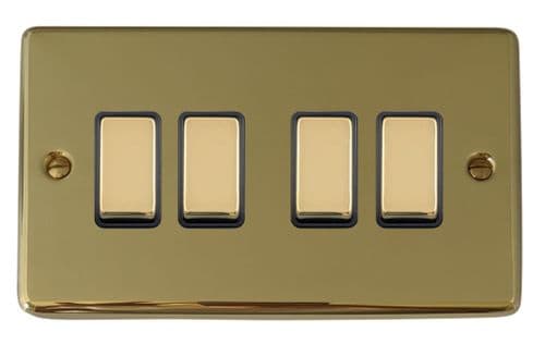 G&H CBUL304 Standard Plate Unlacquered Polished Brass 4 Gang 1 or 2 Way Rocker Light Switch