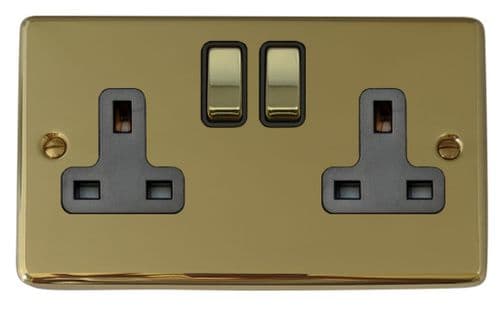 G&H CBUL310 Standard Plate Unlacquered Polished Brass 2 Gang Double 13A Switched Plug Socket