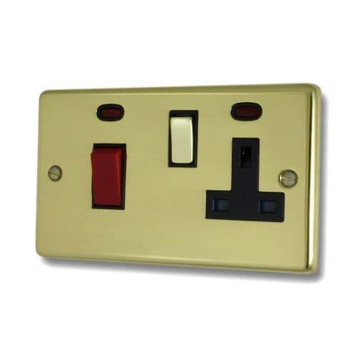 G&H CBUL329 Standard Plate Unlacquered Polished Brass 45 Amp DP Cooker Switch & 13A Switched Socket