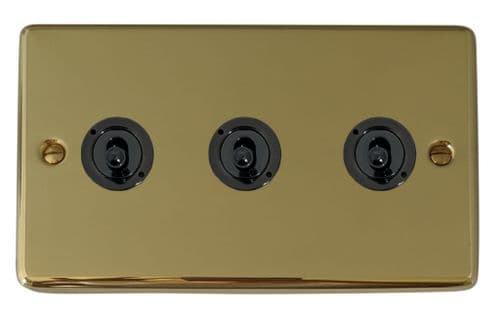 G&H CBUL383-FBK Standard Plate Unlacquered Polished Brass 3 Gang 2 Way Toggle Light Switch