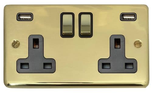 G&H CBUL3910 Standard Plate Unlacquered Polished Brass 2 Gang Double 13A Plug Socket 2.1A USB