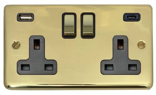 G&H CBUL3911 Standard Plate Unlacquered Polished Brass 2 Gang Double 13A Plug Socket 3.1A USB A + C