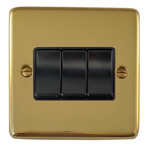 G&H CBUL3B Standard Plate Unlacquered Polished Brass 3 Gang 1 or 2 Way Rocker Light Switch