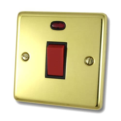 G&H CBUL46B Standard Plate Unlacquered Polished Brass 45 Amp DP Cooker Switch & Neon Single Plate