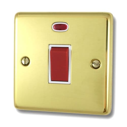 G&H CBUL46W Standard Plate Unlacquered Polished Brass 45 Amp DP Cooker Switch & Neon Single Plate