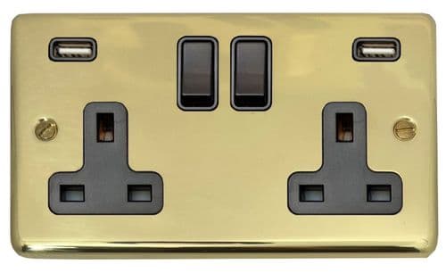 G&H CBUL910B Standard Plate Unlacquered Polished Brass 2 Gang Double 13A Plug Socket 2.1A USB