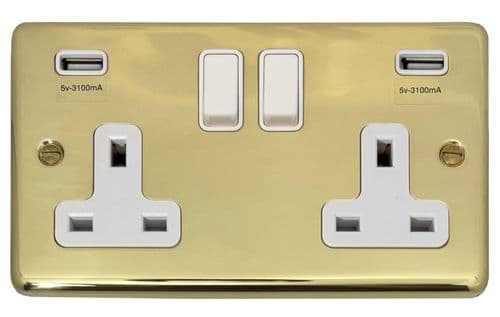 G&H CBUL910W Standard Plate Unlacquered Polished Brass 2 Gang Double 13A Plug Socket 2.1A USB
