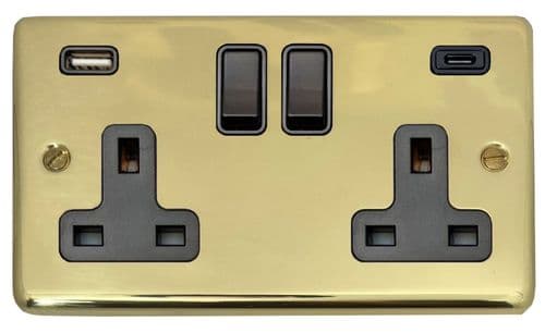 G&H CBUL911B Standard Plate Unlacquered Polished Brass 2 Gang Double 13A Plug Socket 3.1A USB A + C