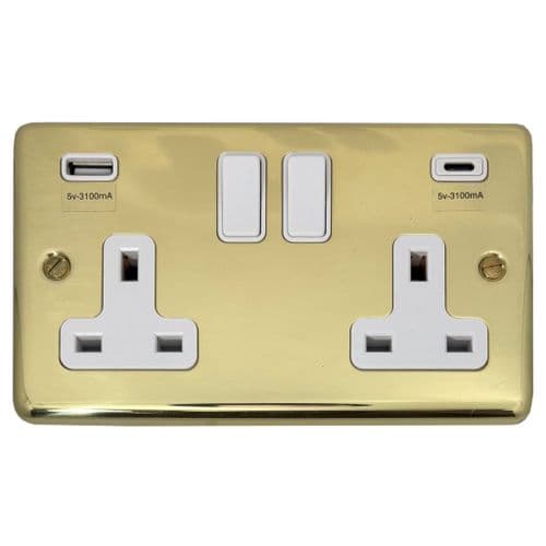 G&H CBUL911W Standard Plate Unlacquered Polished Brass 2 Gang Double 13A Plug Socket 3.1A USB A + C