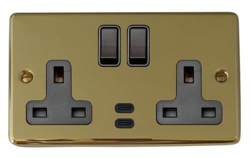 G&H CBUL913B Standard Plate Unlacquered Polished Brass 2 Gang Double 13A Plug Socket Dual 4.2A USB C