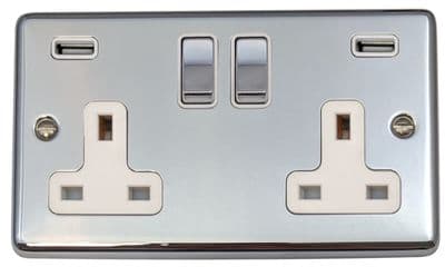 G&H CC2910 Standard Plate Polished Chrome 2 Gang Double 13A Switched Plug Socket 2.1A USB