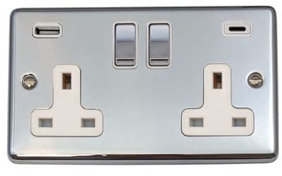 G&H CC2911 Standard Plate Polished Chrome 2 Gang Double 13A Plug Socket 3.1A USB A + C