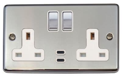 G&H CC2913 Standard Plate Polished Chrome 2 Gang Double 13A Plug Socket Dual 4.2A USB C
