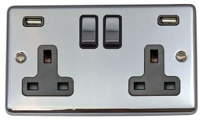 G&H CC3910 Standard Plate Polished Chrome 2 Gang Double 13A Switched Plug Socket 2.1A USB
