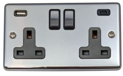 G&H CC3911 Standard Plate Polished Chrome 2 Gang Double 13A Plug Socket 3.1A USB A + C