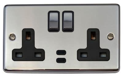 G&H CC3913 Standard Plate Polished Chrome 2 Gang Double 13A Plug Socket Dual 4.2A USB C