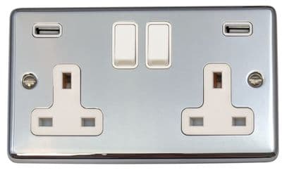 G&H CC910W Standard Plate Polished Chrome 2 Gang Double 13A Switched Plug Socket 2.1A USB