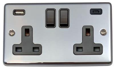 G&H CC911B Standard Plate Polished Chrome 2 Gang Double 13A Plug Socket 3.1A USB A + C