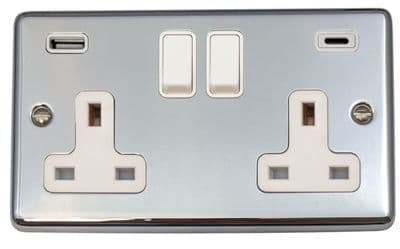 G&H CC911W Standard Plate Polished Chrome 2 Gang Double 13A Plug Socket 3.1A USB A + C