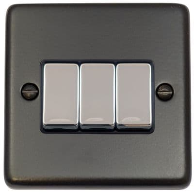 G&H CFB303-PC Standard Plate Matt Black 3 Gang 1 or 2 Way Rocker Light Switch