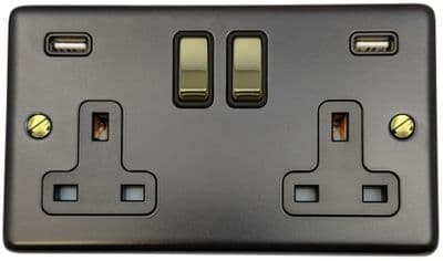 G&H CFB3910-PB Standard Plate Matt Black 2 Gang Double 13A Switched Plug Socket 2.1A USB