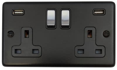 G&H CFB3910-PC Standard Plate Matt Black 2 Gang Double 13A Switched Plug Socket 2.1A USB