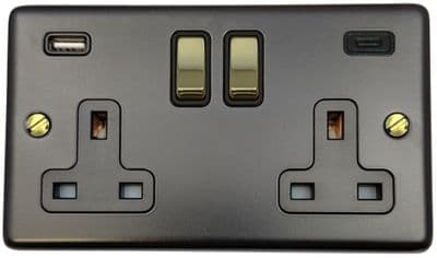 G&H CFB3911-PB Standard Plate Matt Black 2 Gang Double 13A Plug Socket 3.1A USB A + C