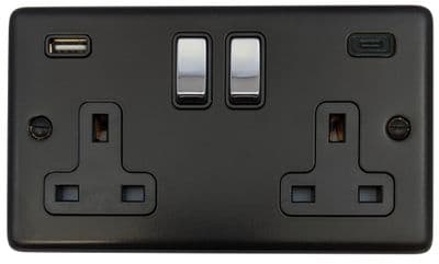 G&H CFB3911-PC Standard Plate Matt Black 2 Gang Double 13A Plug Socket 3.1A USB A + C