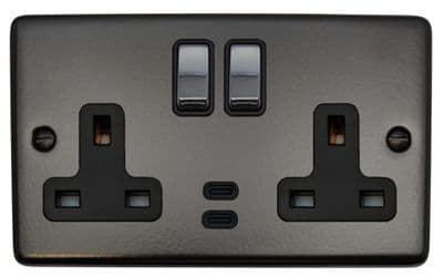 G&H CFB3913-PC Standard Plate Matt Black 2 Gang Double 13A Plug Socket Dual 4.2A USB C