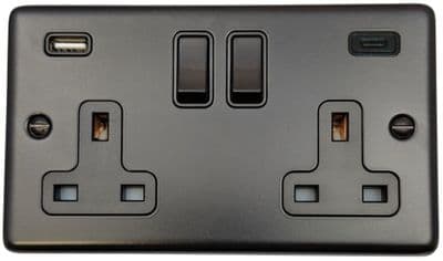G&H CFB911B Standard Plate Matt Black 2 Gang Double 13A Plug Socket 3.1A USB A + C