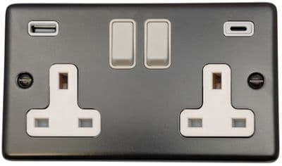 G&H CFB911W Standard Plate Matt Black 2 Gang Double 13A Plug Socket 3.1A USB A + C