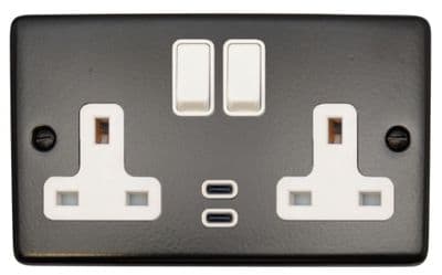 G&H CFB913W Standard Plate Matt Black 2 Gang Double 13A Plug Socket Dual 4.2A USB C