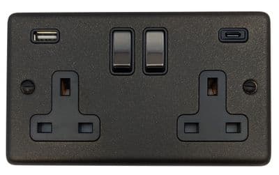 G&H CG3911 Standard Plate Graphite 2 Gang Double 13A Plug Socket 3.1A USB A + C