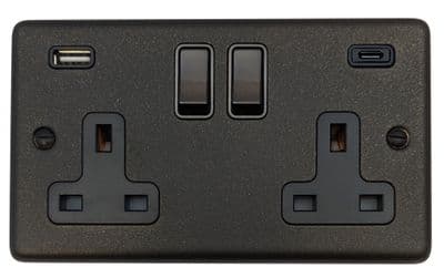 G&H CG911B Standard Plate Graphite 2 Gang Double 13A Plug Socket 3.1A USB A + C