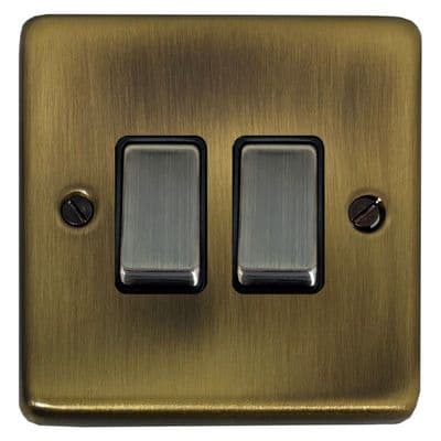 G&H CLAB302 Standard Plate Light Antique Brass 2 Gang 1 or 2 Way Rocker Light Switch