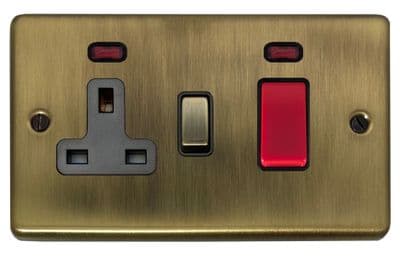 G&H CLAB329 Standard Plate Light Antique Brass 45 Amp DP Cooker Switch & 13A Switched Socket