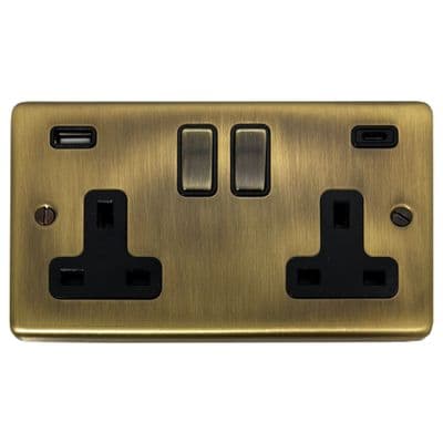G&H CLAB3911 Standard Plate Light Antique Brass 2 Gang Double 13A Plug Socket 3.1A USB A + C