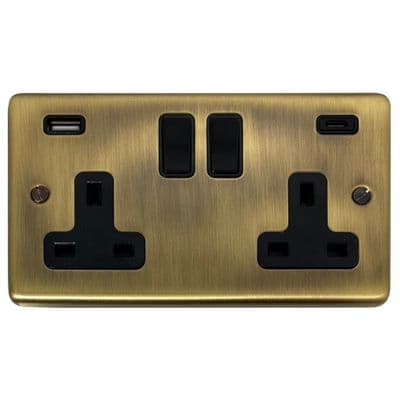 G&H CLAB911B Standard Plate Light Antique Brass 2 Gang Double 13A Plug Socket 3.1A USB A + C