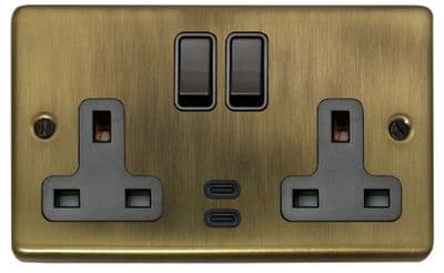 G&H CLAB913B Standard Plate Light Antique Brass 2 Gang Double 13A Plug Socket Dual 4.2A USB C