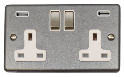 G&H CP2910 Standard Plate Pewter 2 Gang Double 13A Switched Plug Socket 2.1A USB
