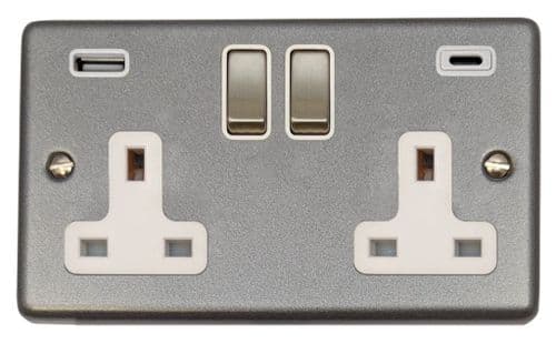 G&H CP2911 Standard Plate Pewter 2 Gang Double 13A Plug Socket 3.1A USB A + C