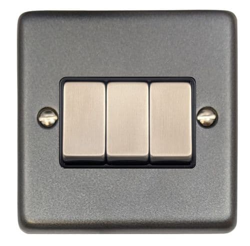 G&H CP303 Standard Plate Pewter 3 Gang 1 or 2 Way Rocker Light Switch