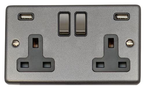G&H CP3910 Standard Plate Pewter 2 Gang Double 13A Switched Plug Socket 2.1A USB