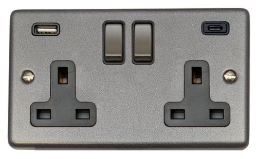 G&H CP3911 Standard Plate Pewter 2 Gang Double 13A Plug Socket 3.1A USB A + C