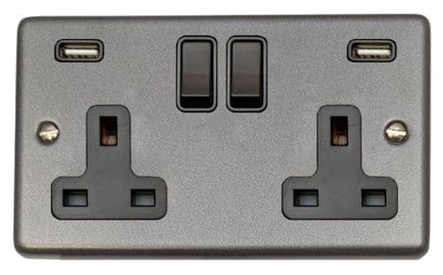 G&H CP910B Standard Plate Pewter 2 Gang Double 13A Switched Plug Socket 2.1A USB